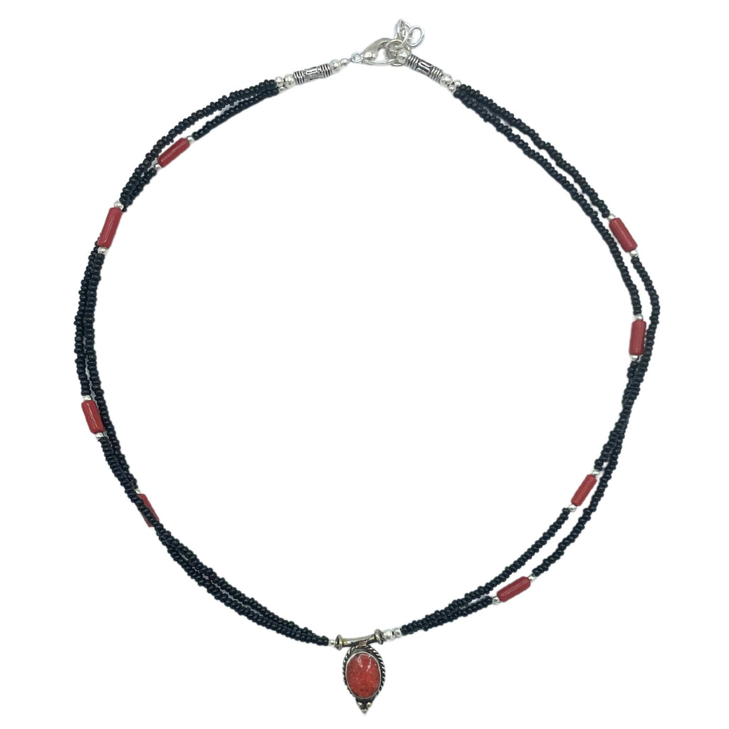 Nepalese Extra Fine Two Line Necklace - Black &amp; Coral Pendant