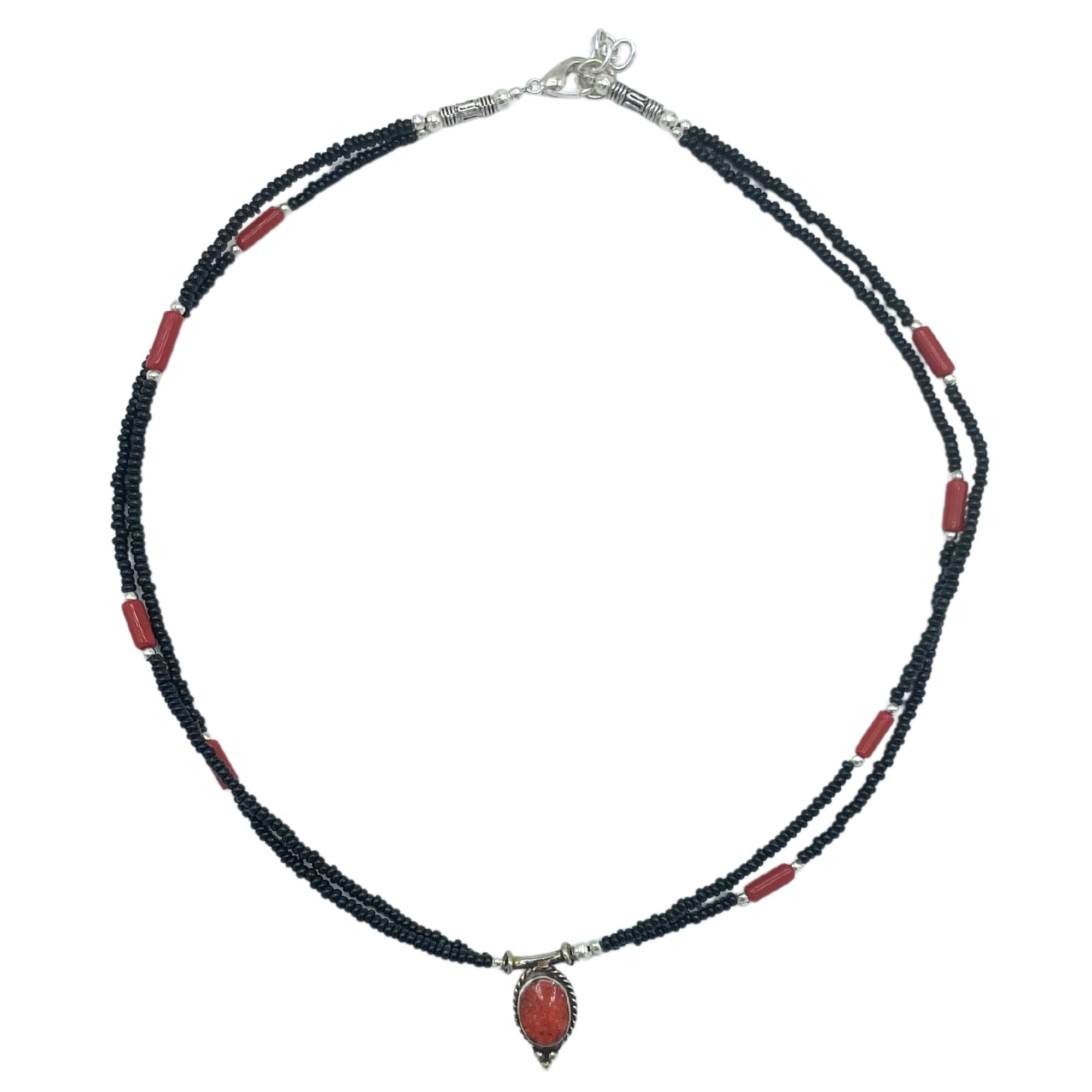 Nepalese Extra Fine Two Line Necklace - Black &amp; Coral Pendant
