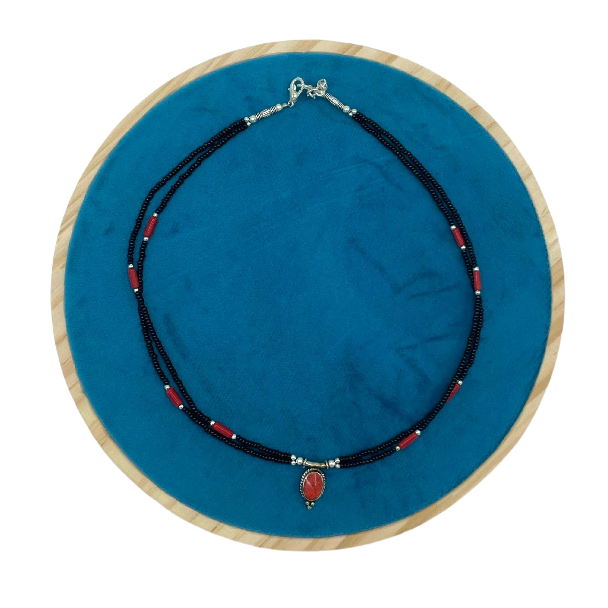 Nepalese Extra Fine Two Line Necklace - Black &amp; Coral Pendant