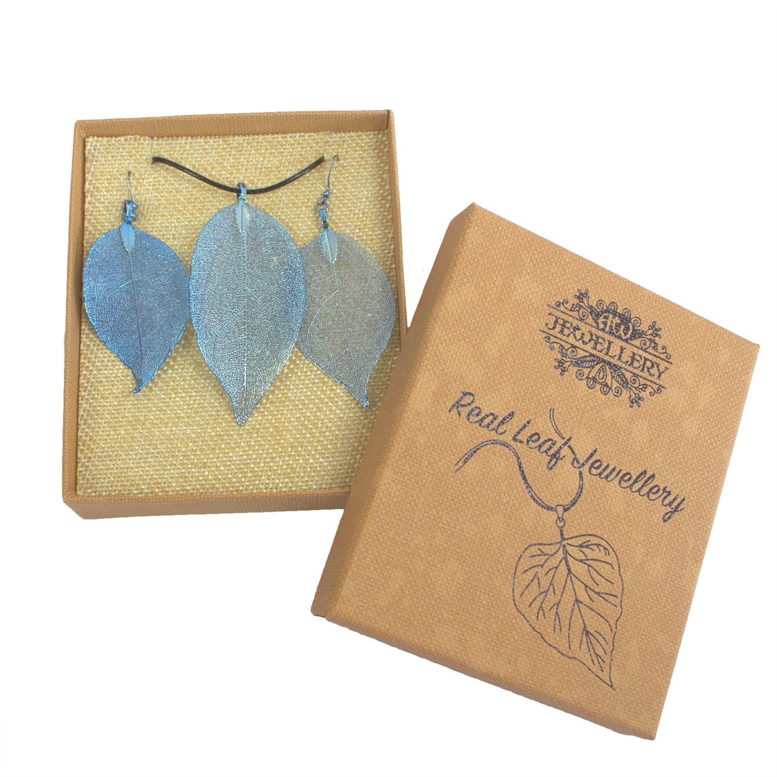 Necklace &amp; Earring Set - Bravery Leaf - Blue