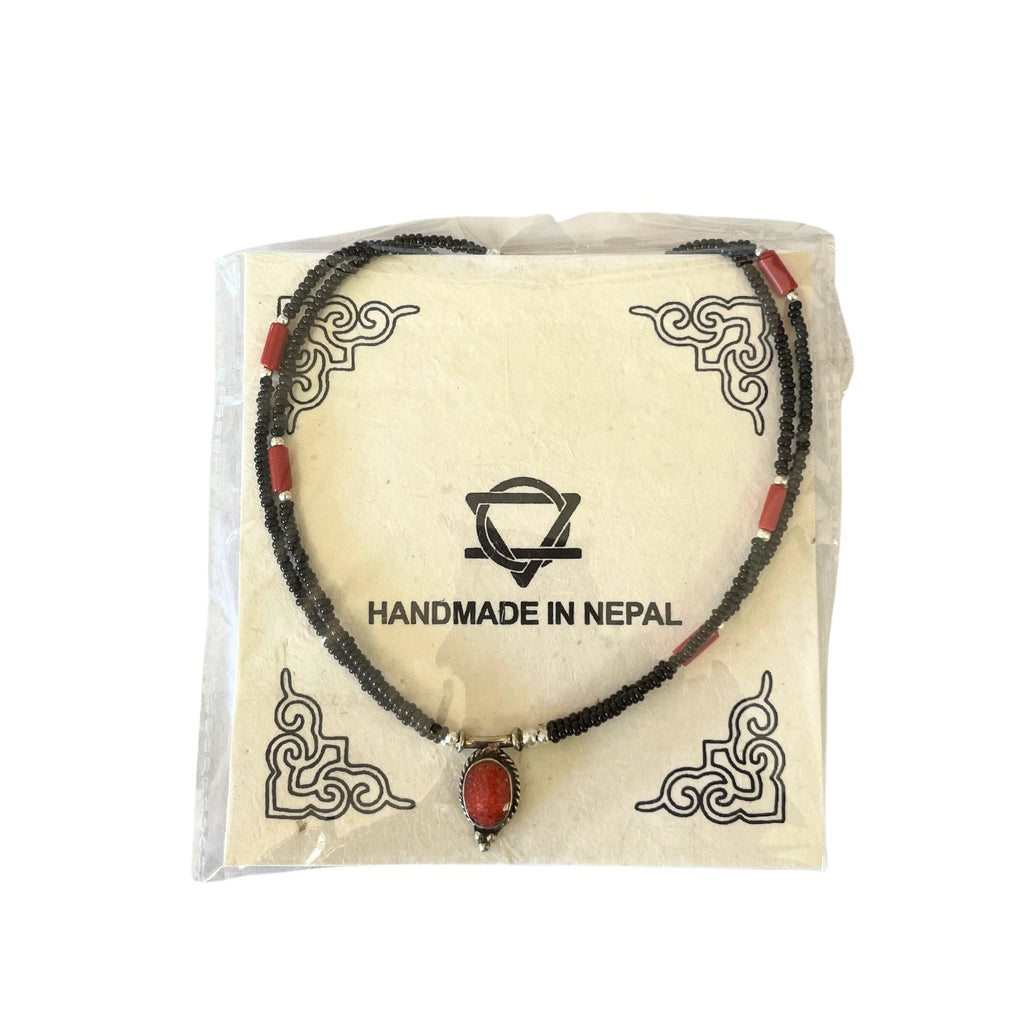 Nepalese Extra Fine Two Line Necklace - Black &amp; Coral Pendant