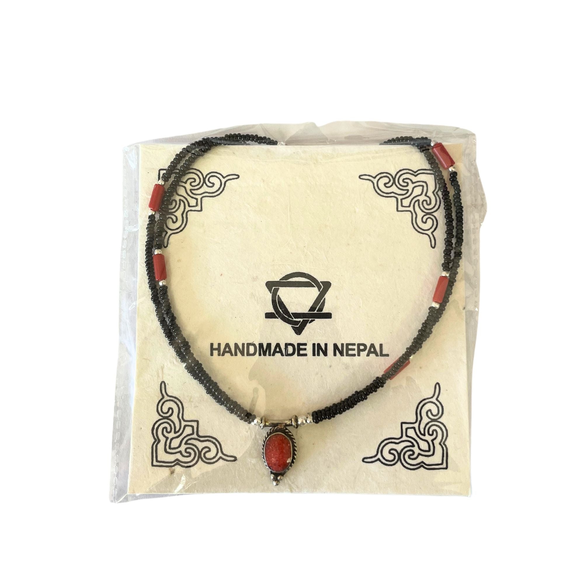 Nepalese Extra Fine Two Line Necklace - Black &amp; Coral Pendant