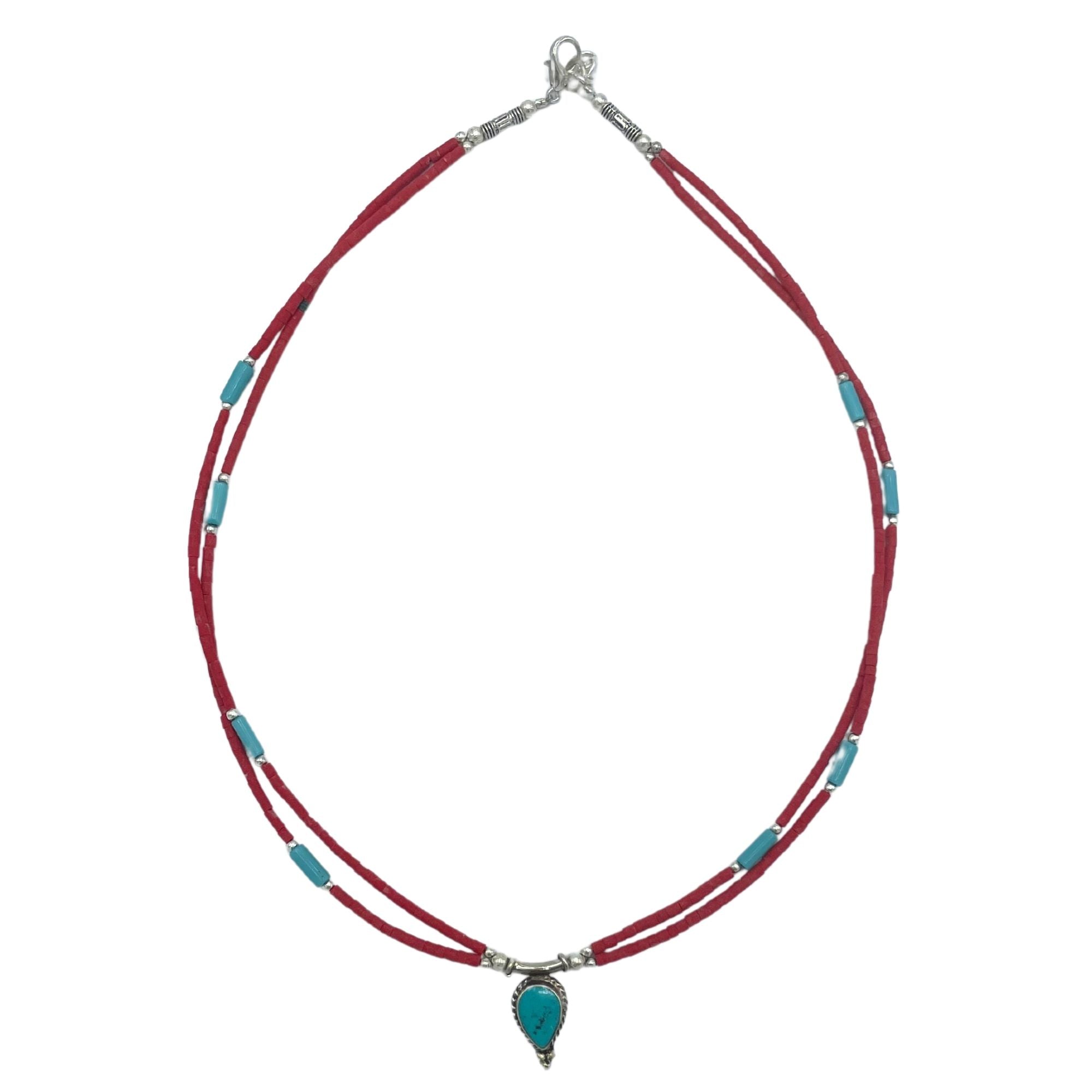 Nepalese Extra Fine Two Line Necklace - Pink &amp; Turquoise Pendant