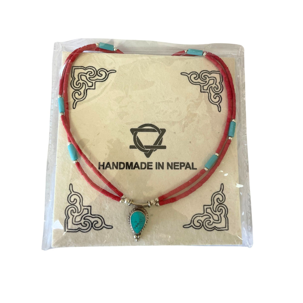 Nepalese Extra Fine Two Line Necklace - Pink &amp; Turquoise Pendant