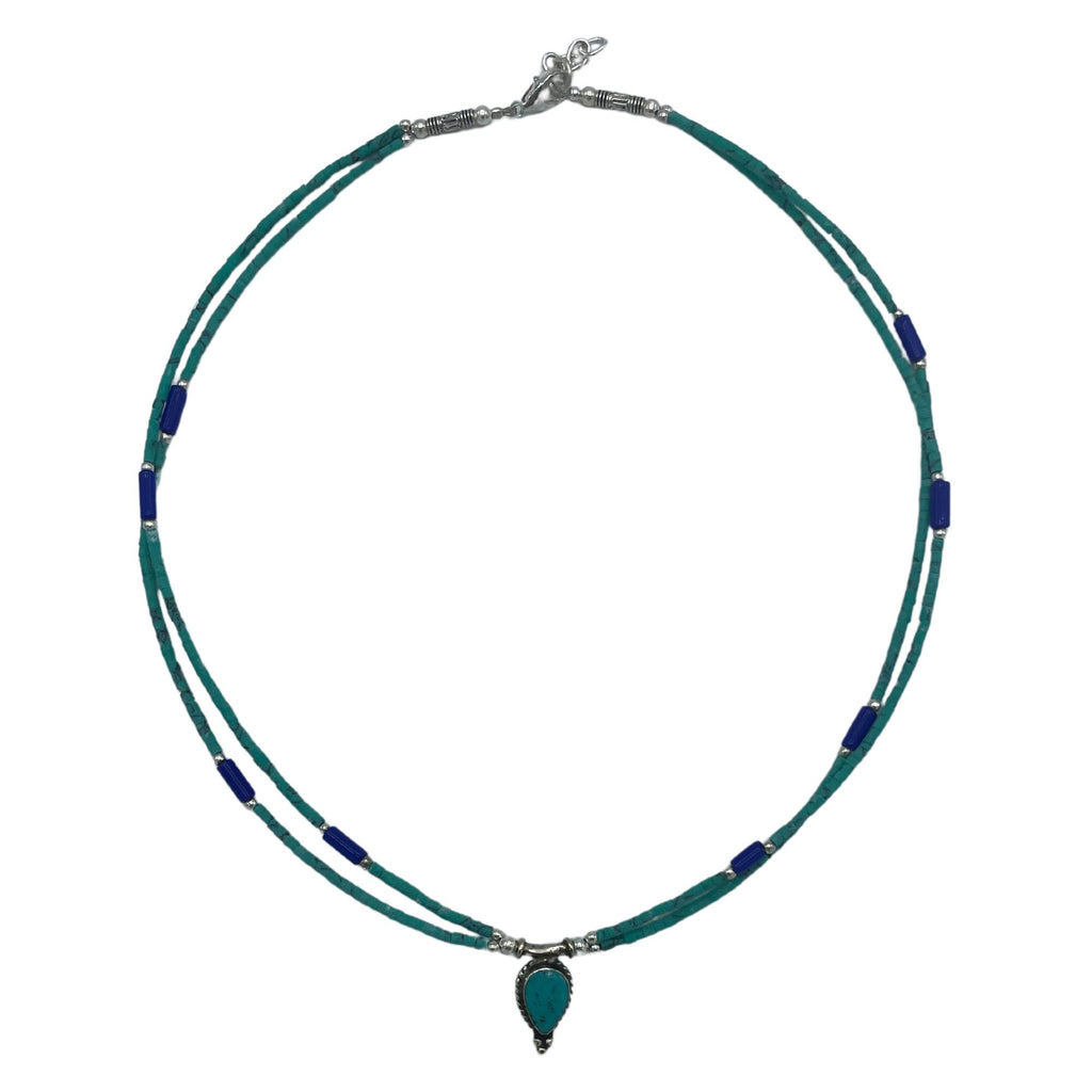 Nepalese Extra Fine Two Line Necklace - Lapis &amp; Malachite Pendant