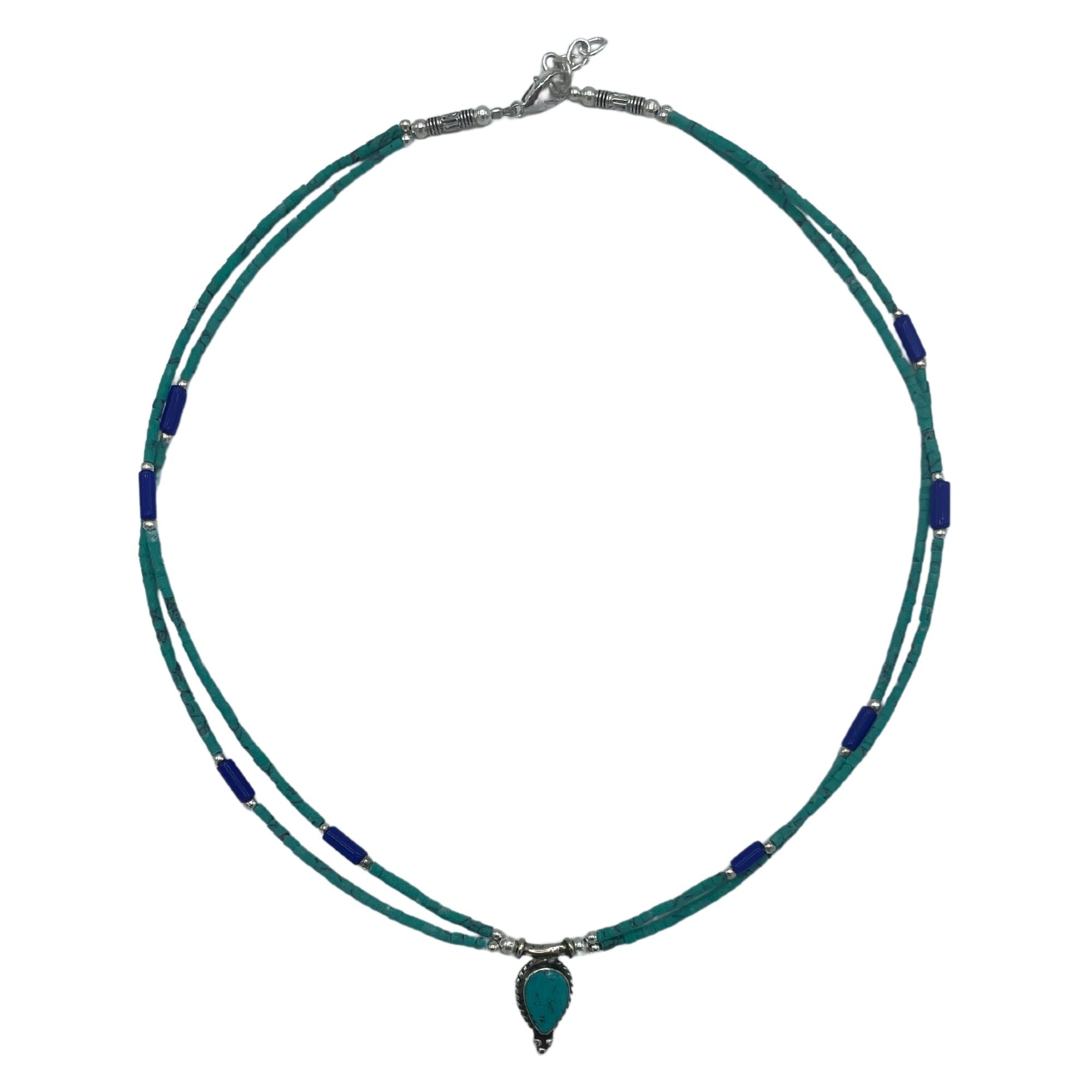 Nepalese Extra Fine Two Line Necklace - Lapis &amp; Malachite Pendant