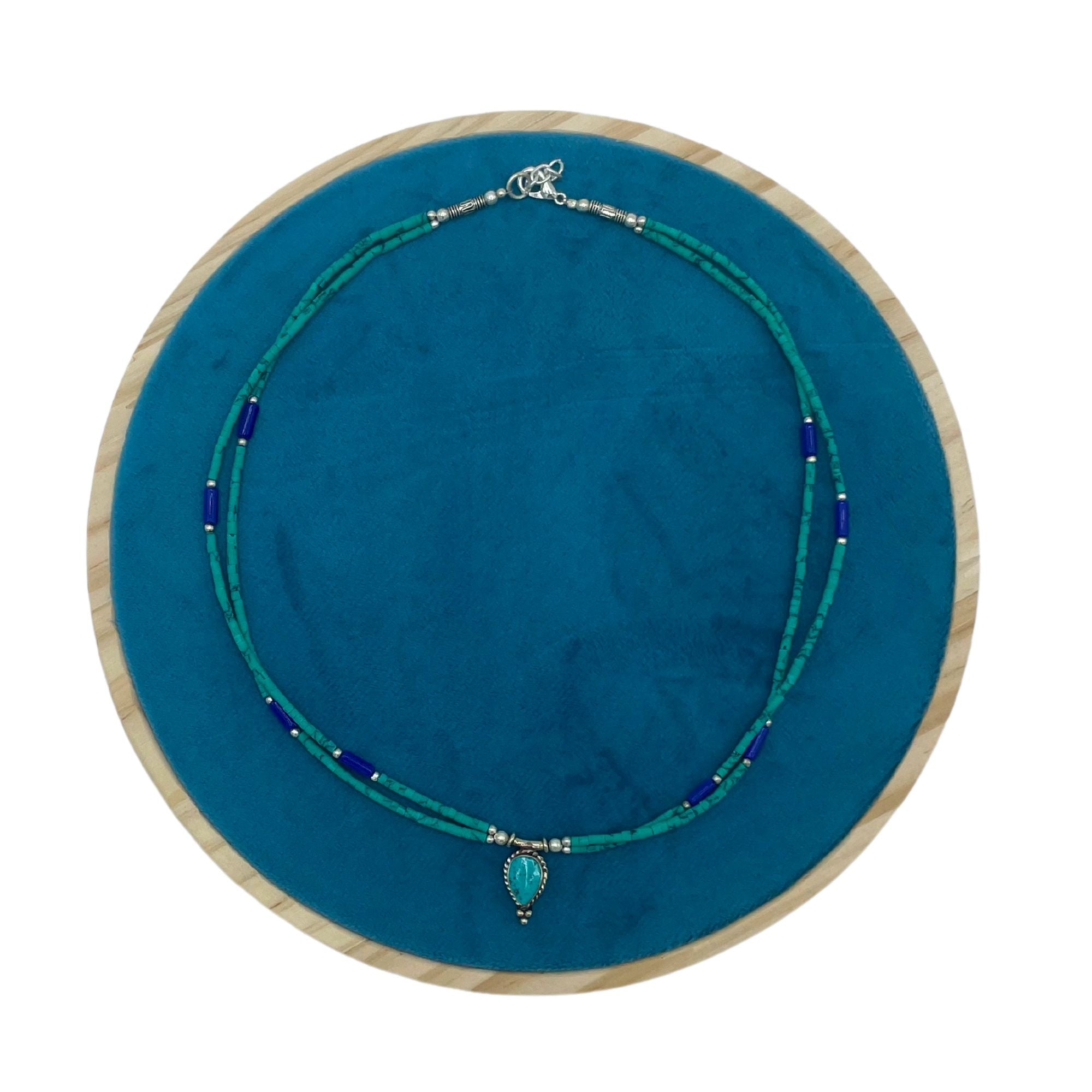 Nepalese Extra Fine Two Line Necklace - Lapis &amp; Malachite Pendant