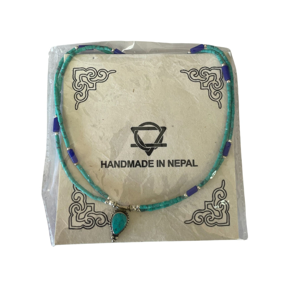 Nepalese Extra Fine Two Line Necklace - Lapis &amp; Malachite Pendant