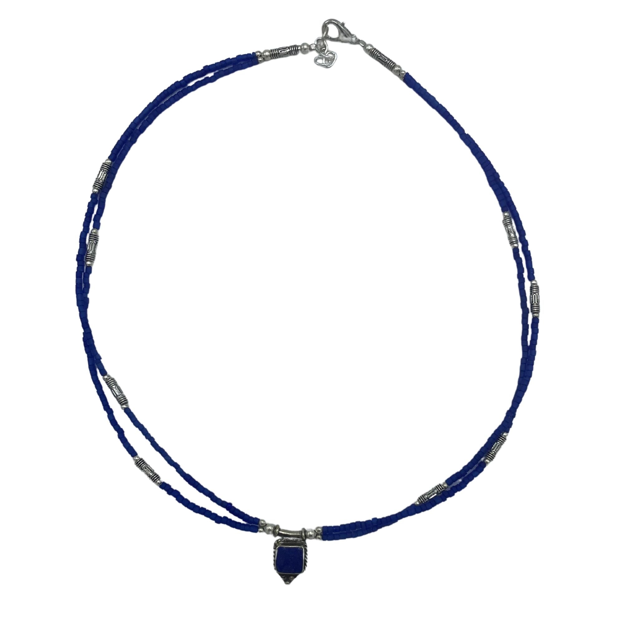 Nepalese Extra Fine Two Line Necklace - Blue Onyx &amp; Lapis Pendant