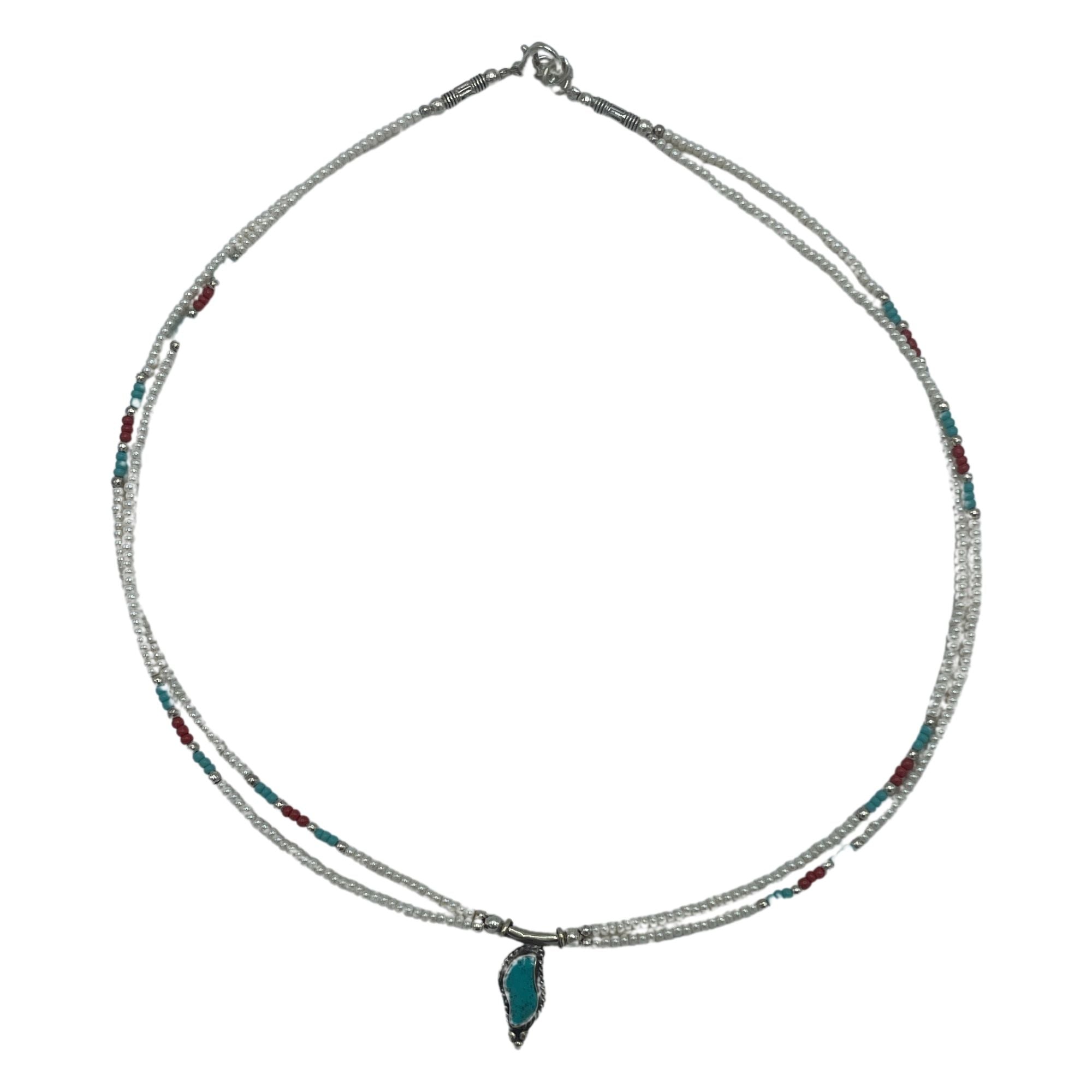 Nepalese Extra Fine Two Line Necklace - Pearl &amp; Turquoise Pendant