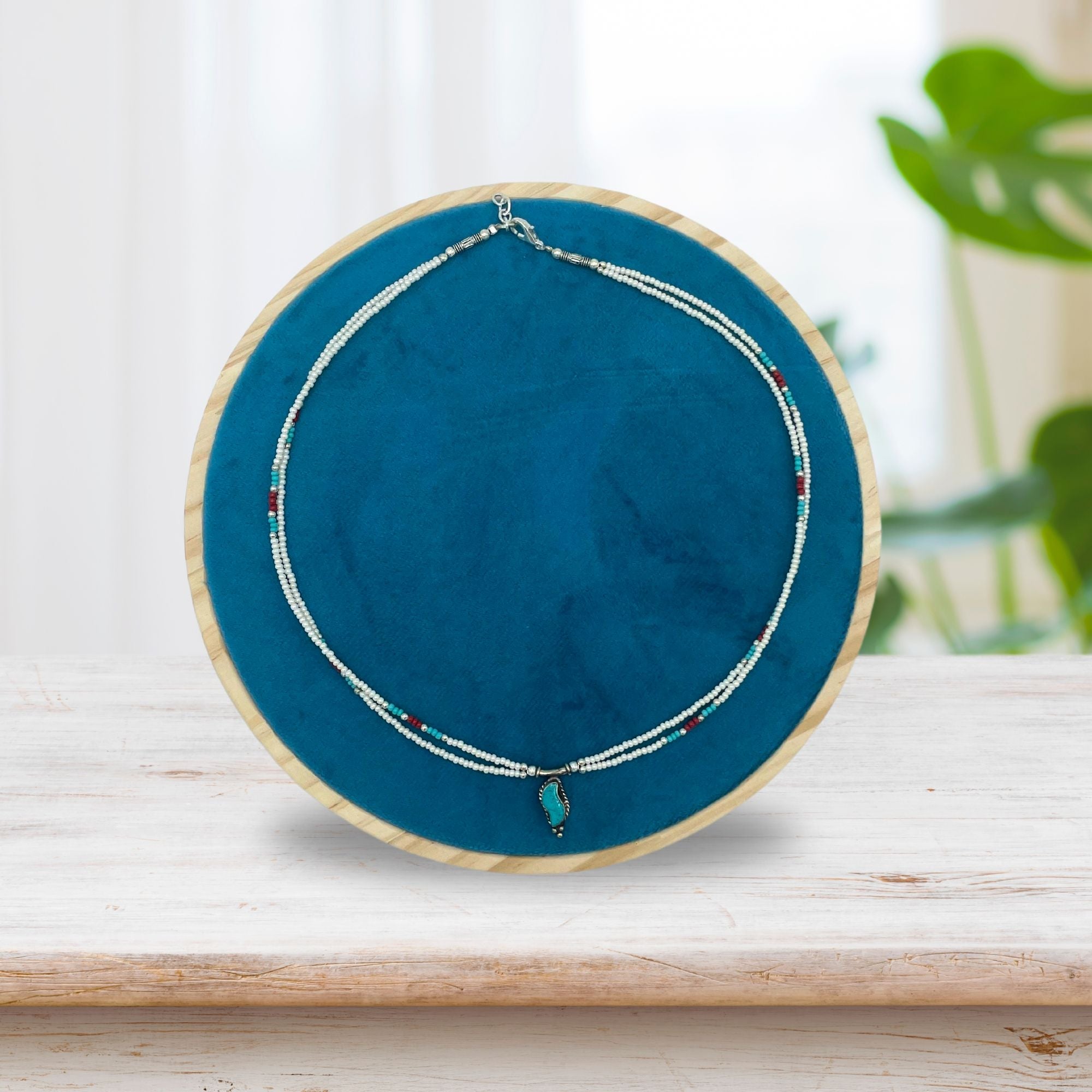 Nepalese Extra Fine Two Line Necklace - Pearl &amp; Turquoise Pendant