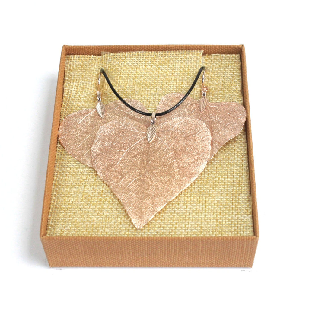 Necklace &amp; Earring Set - Heart Leaf - Pink Gold