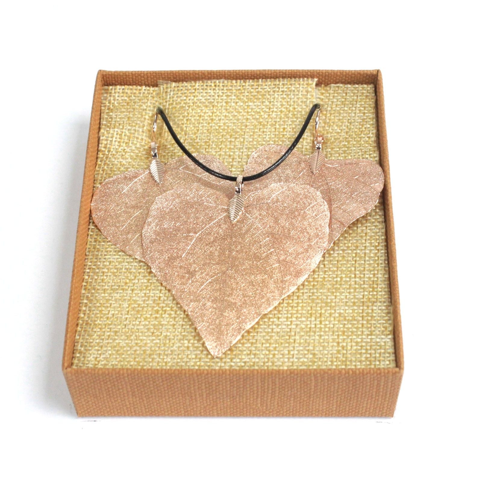 Necklace &amp; Earring Set - Heart Leaf - Pink Gold