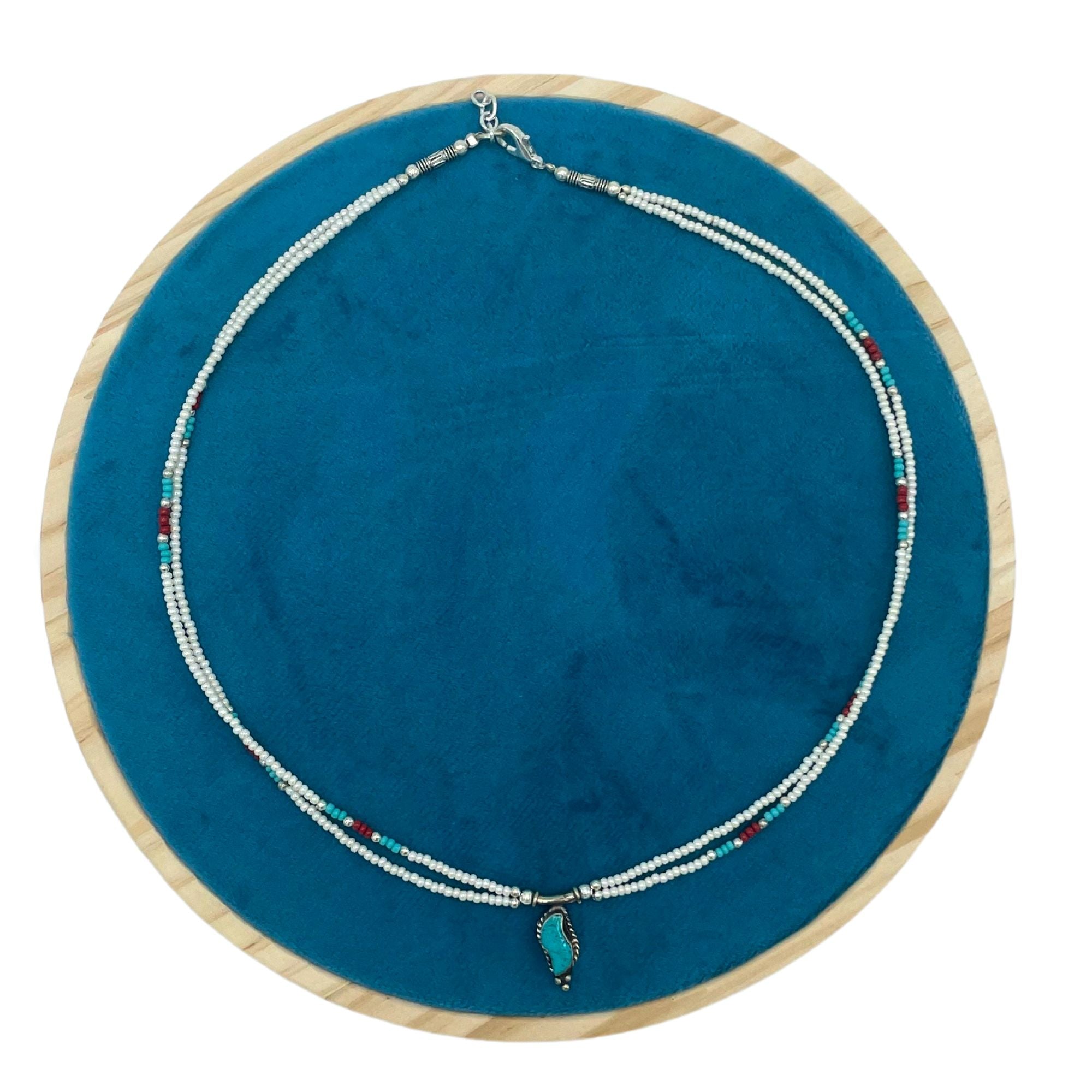 Nepalese Extra Fine Two Line Necklace - Pearl &amp; Turquoise Pendant