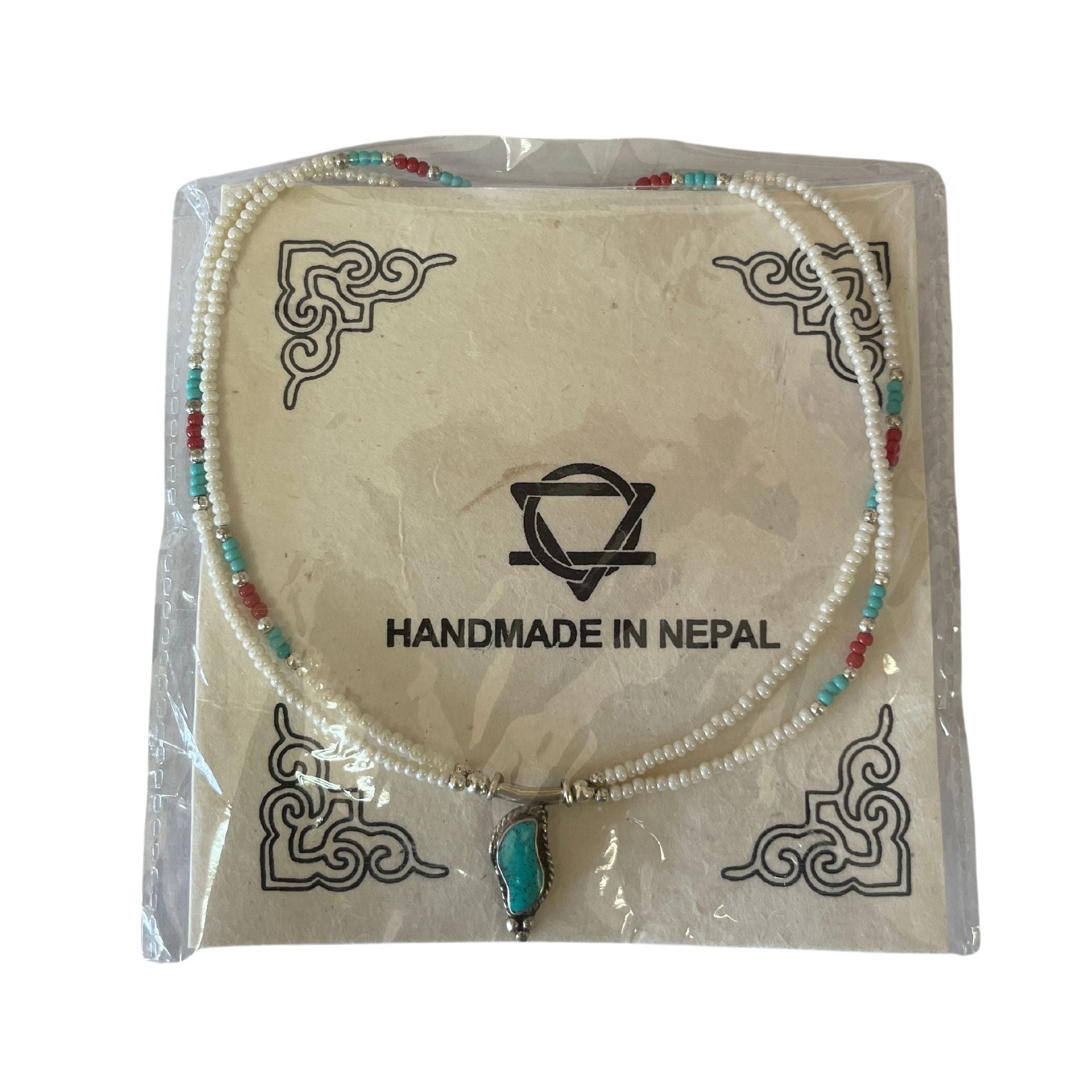 Nepalese Extra Fine Two Line Necklace - Pearl &amp; Turquoise Pendant