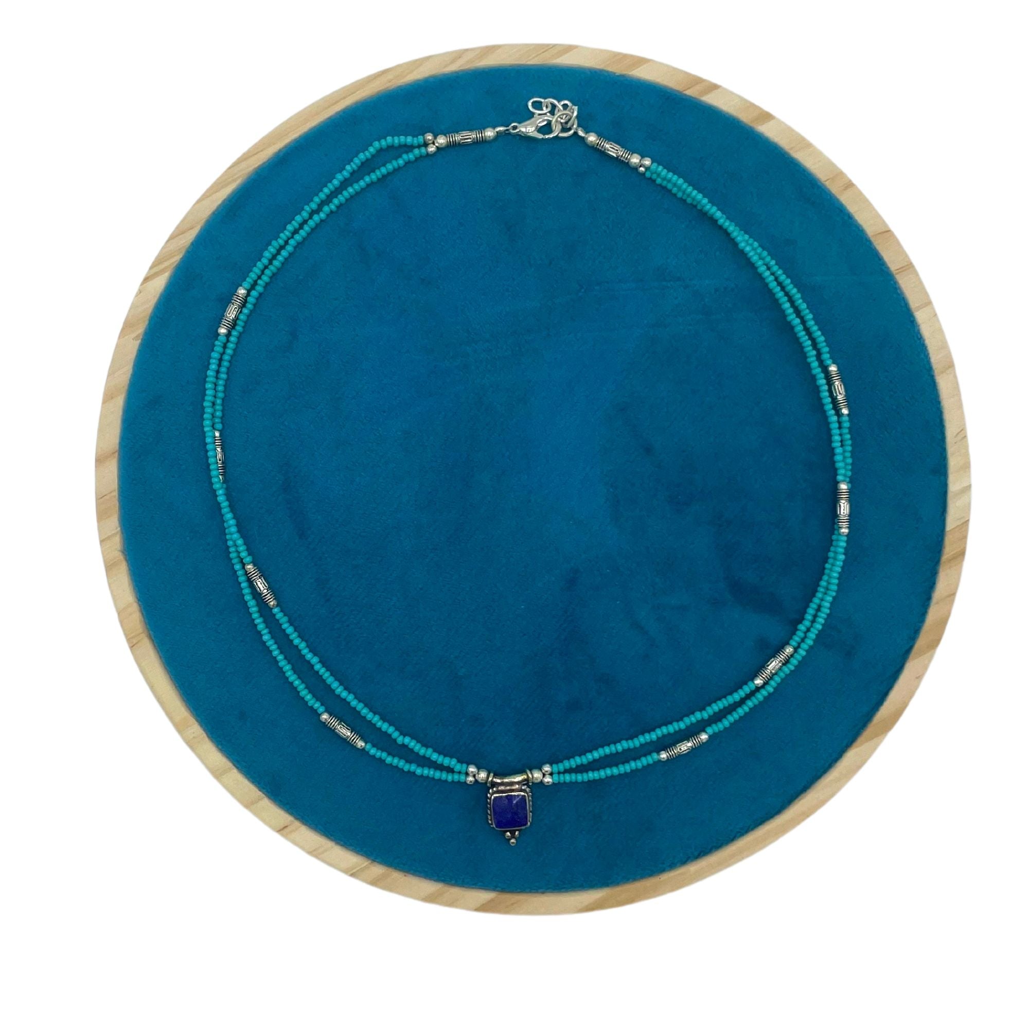 Nepalese Extra Fine Two Line Necklace - Turquoise &amp; Lapis Pendant