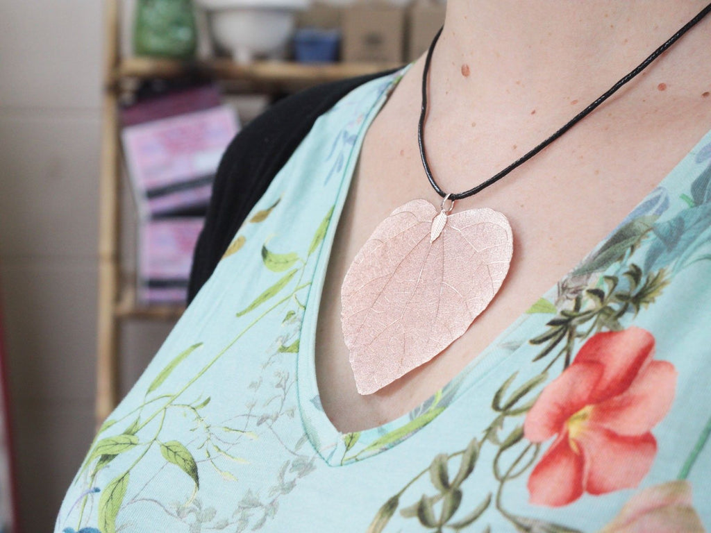 Necklace &amp; Earring Set - Heart Leaf - Pink Gold