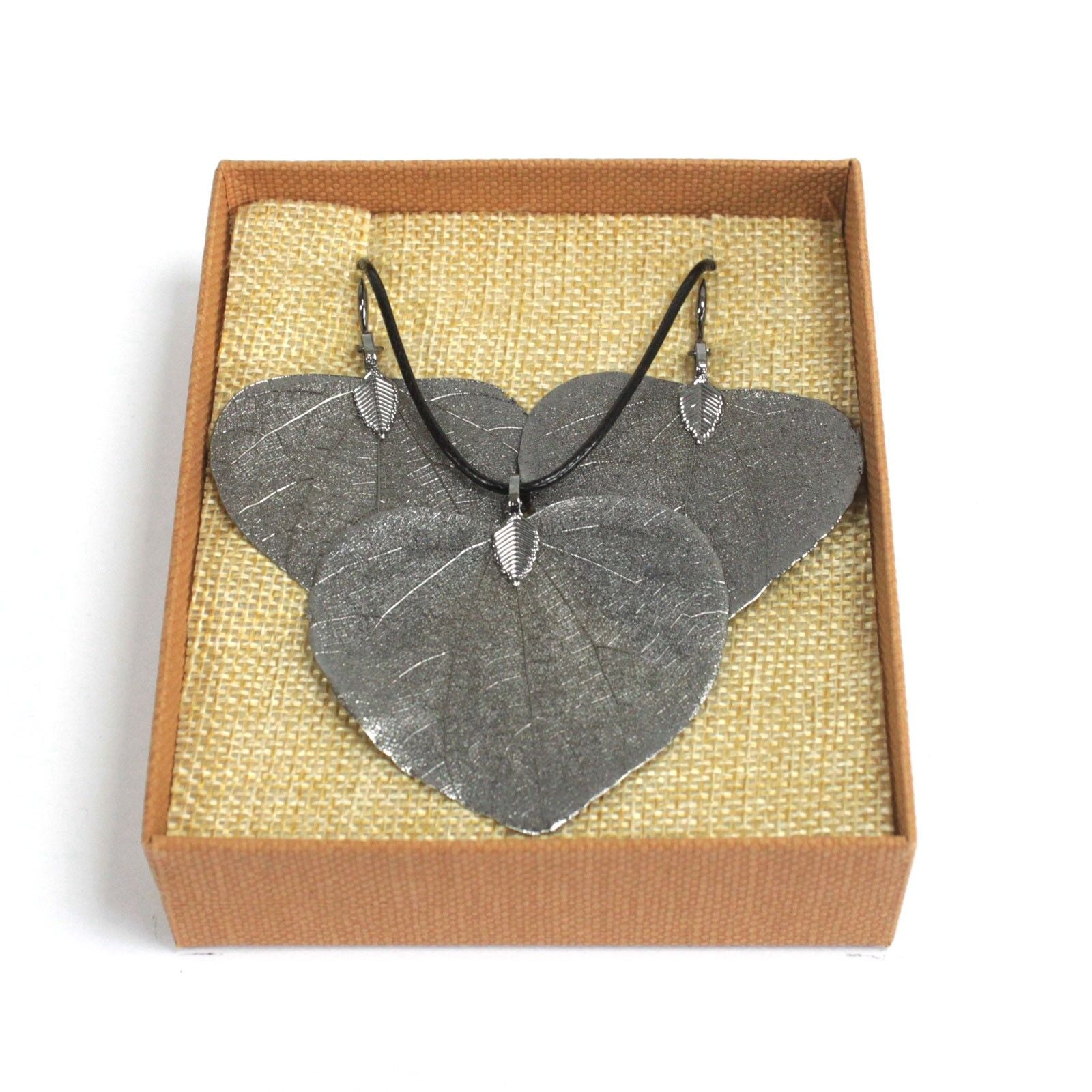 Necklace &amp; Earring Set - Heart Leaf - Pewter