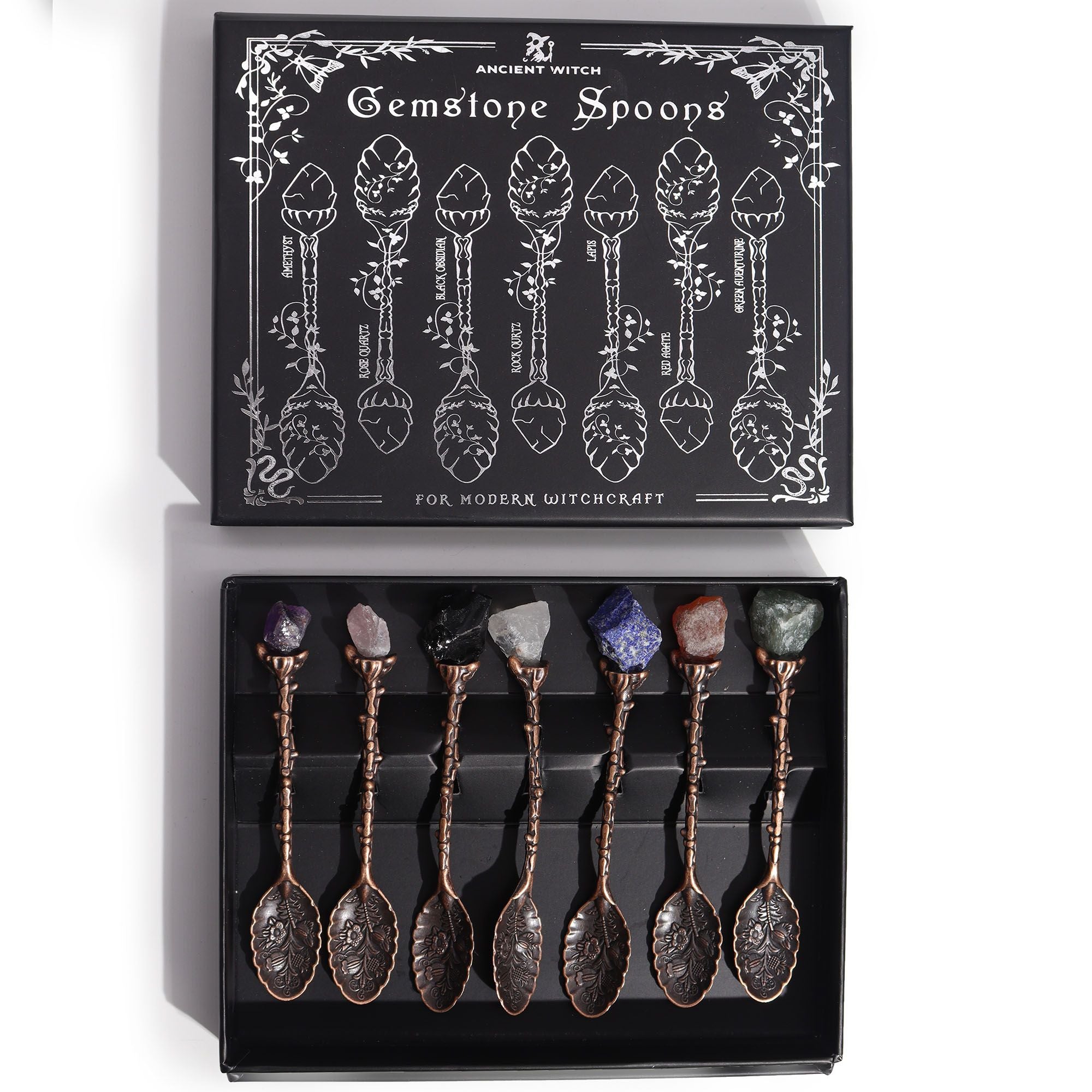 Set of 7 Bronze Gemstone Crystal Witch Spoons