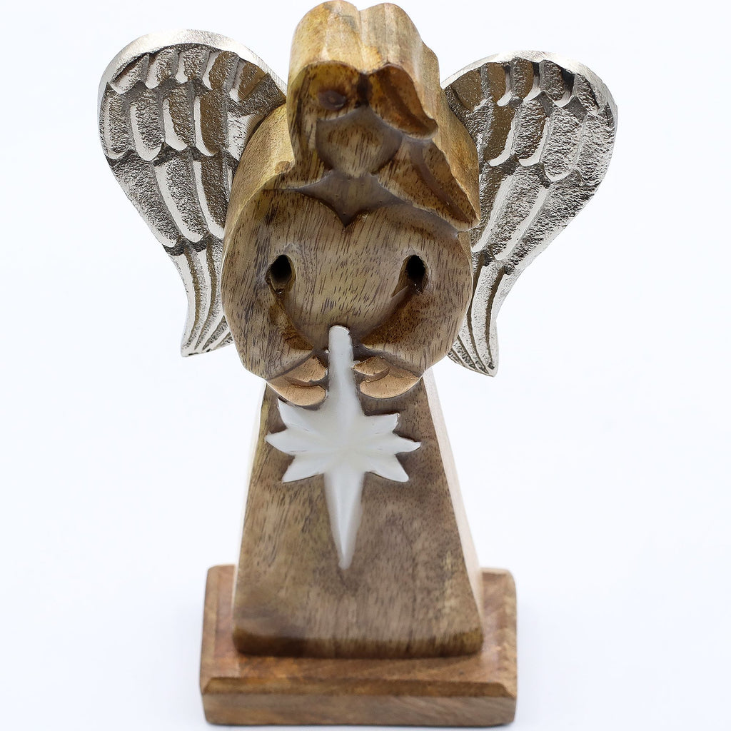 Large Mango Wood Peace Angel Metal Wings & Enamel Detail