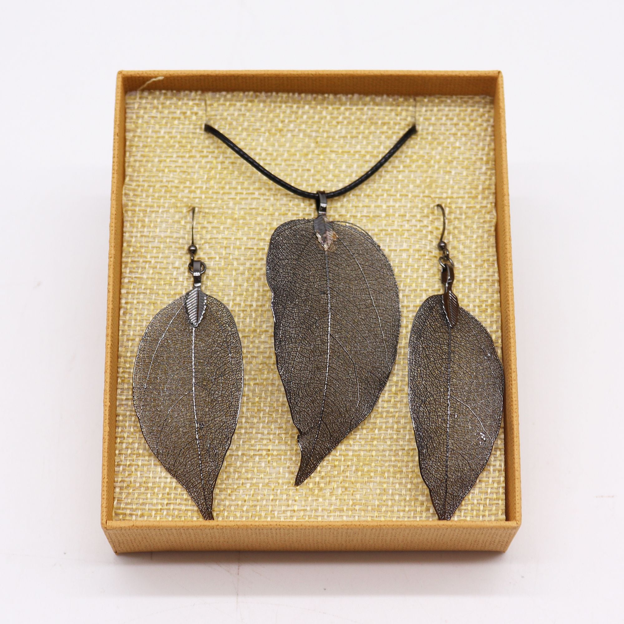 Necklace &amp; Earring Set - Bravery Leaf - Pewter