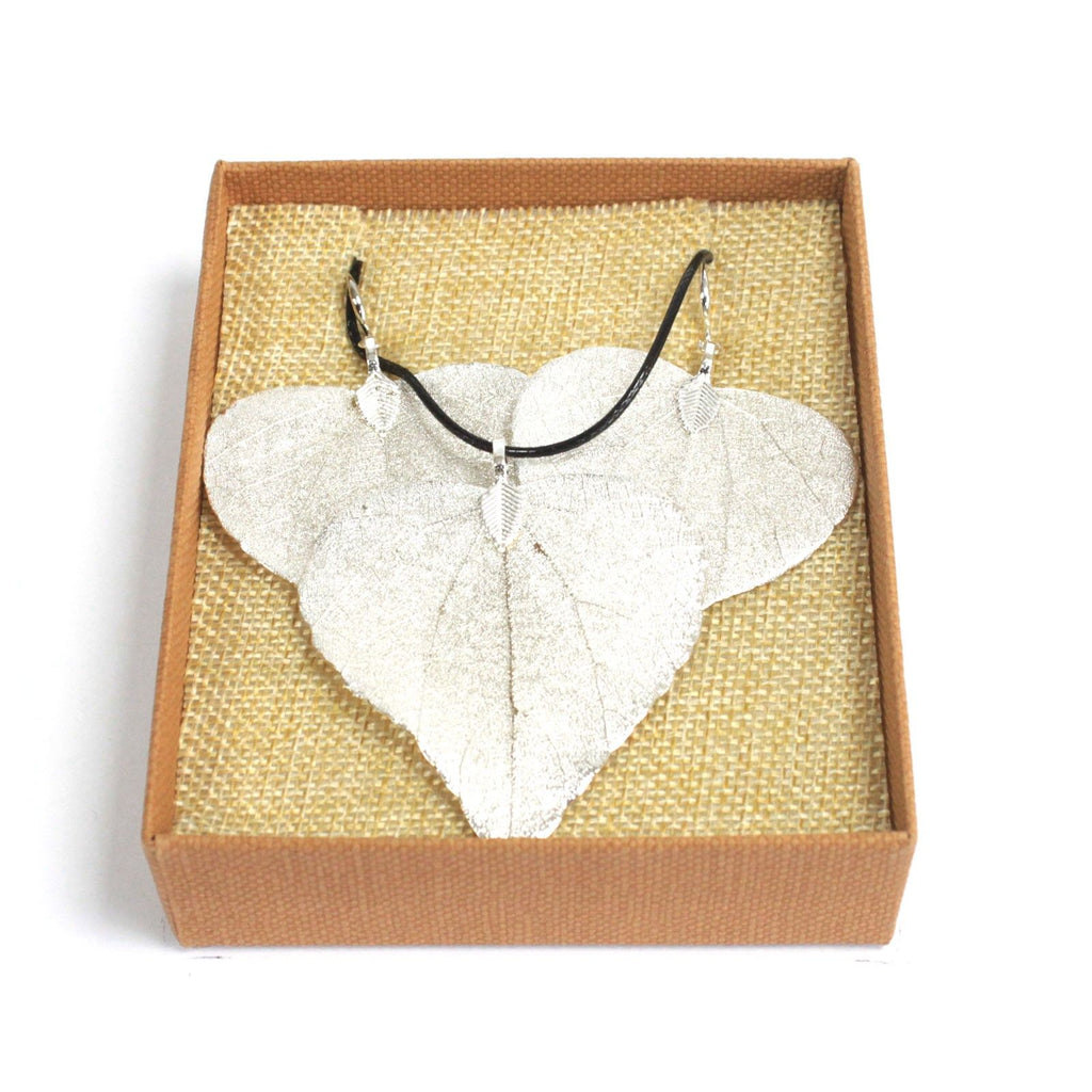 Necklace &amp; Earring Set - Heart Leaf - Silver