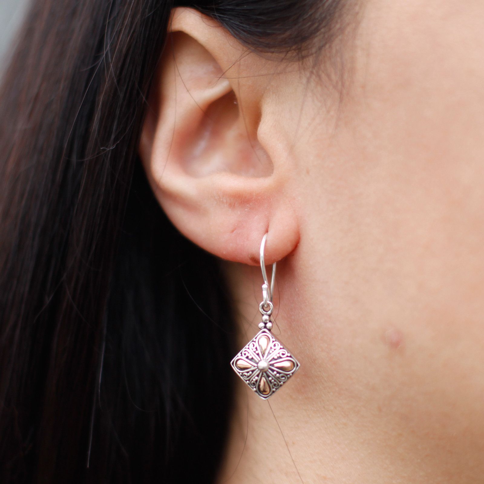 Silver &amp; Gold Earring - Square Drop