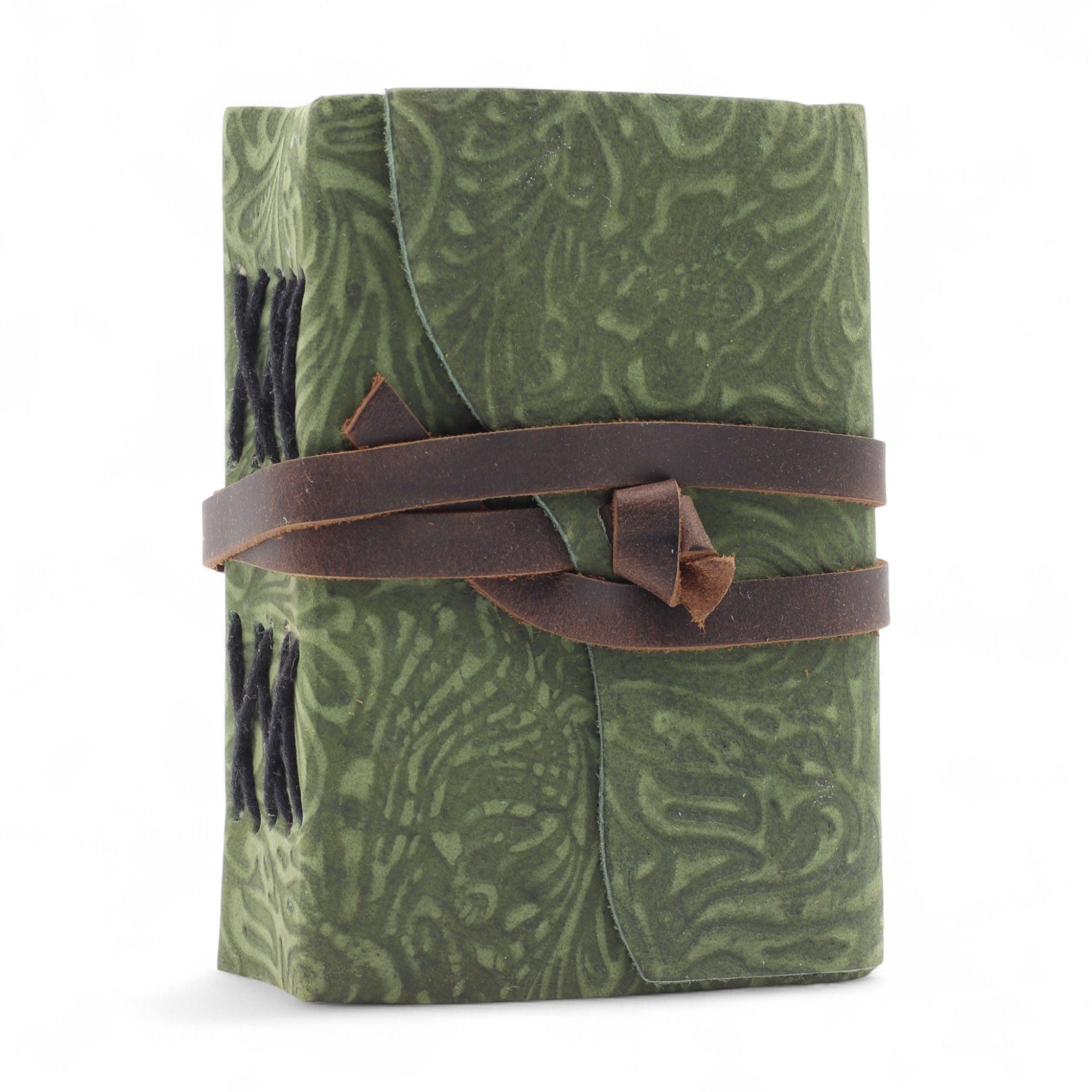 Fat Deckled Leather Notebook – Green Maze Pattern – 12.7×8.9 cm