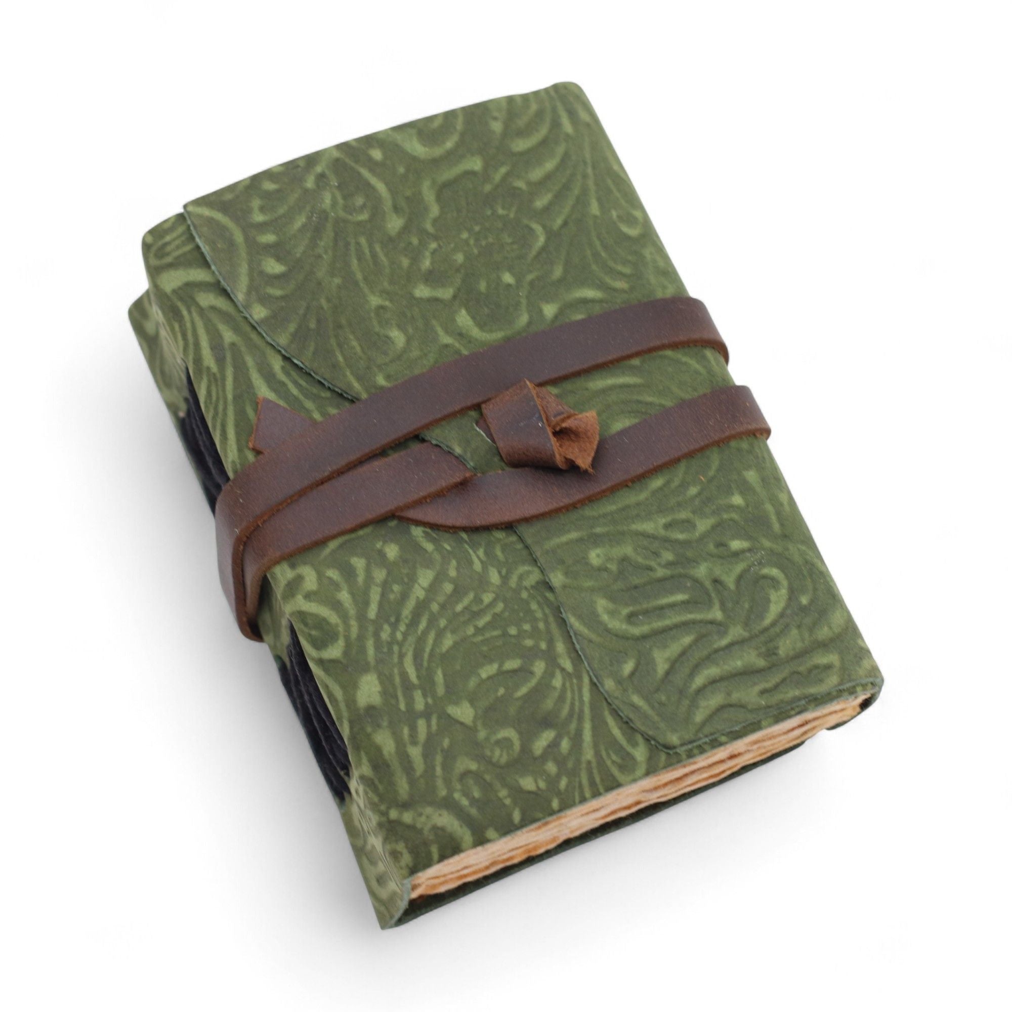 Fat Deckled Leather Notebook – Green Maze Pattern – 12.7×8.9 cm