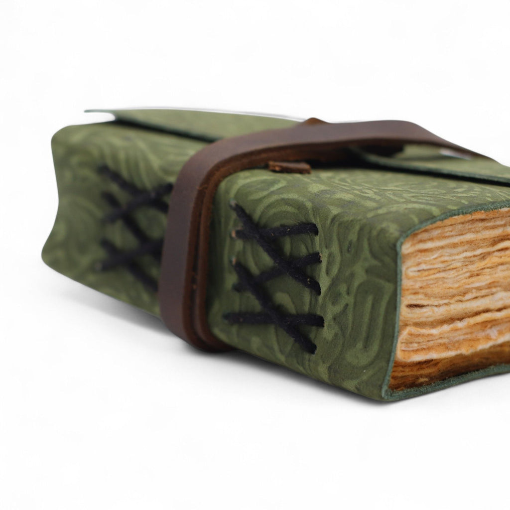 Fat Deckled Leather Notebook – Green Maze Pattern – 12.7×8.9 cm